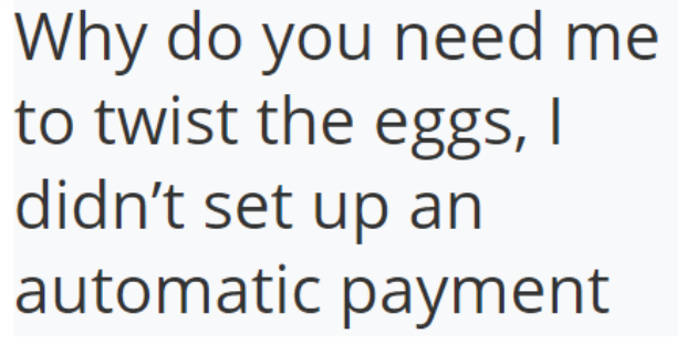 Ticket says Why do you need me to twist the eggs, I didn’t set up automatic payment