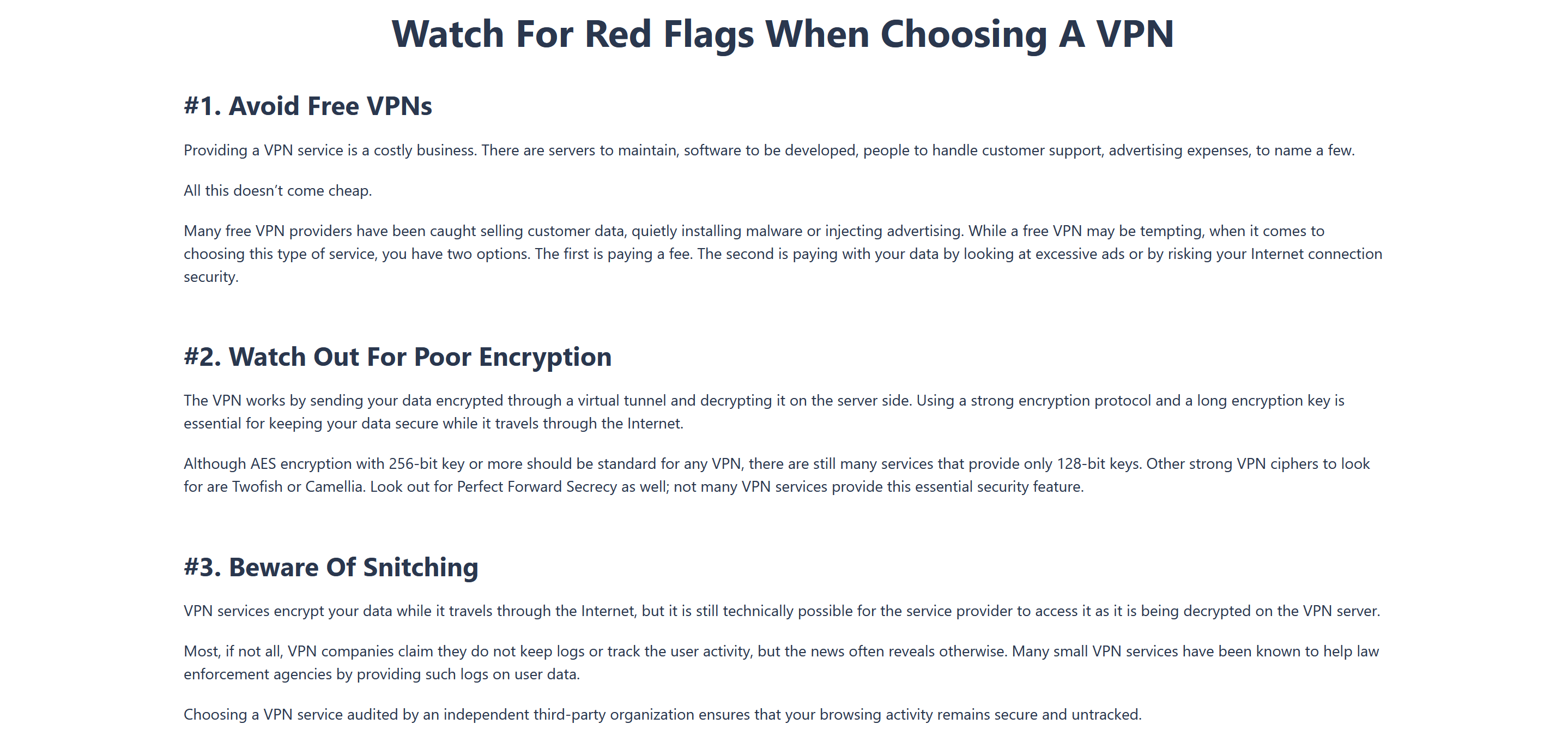 Screenshot of an article section entitled "Watch for Red Flags When Choosing A VPN" from vpncenter.com