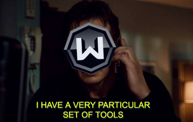 Taken meme with Windscribe logo and quote change to "I have a very particular set of tools"