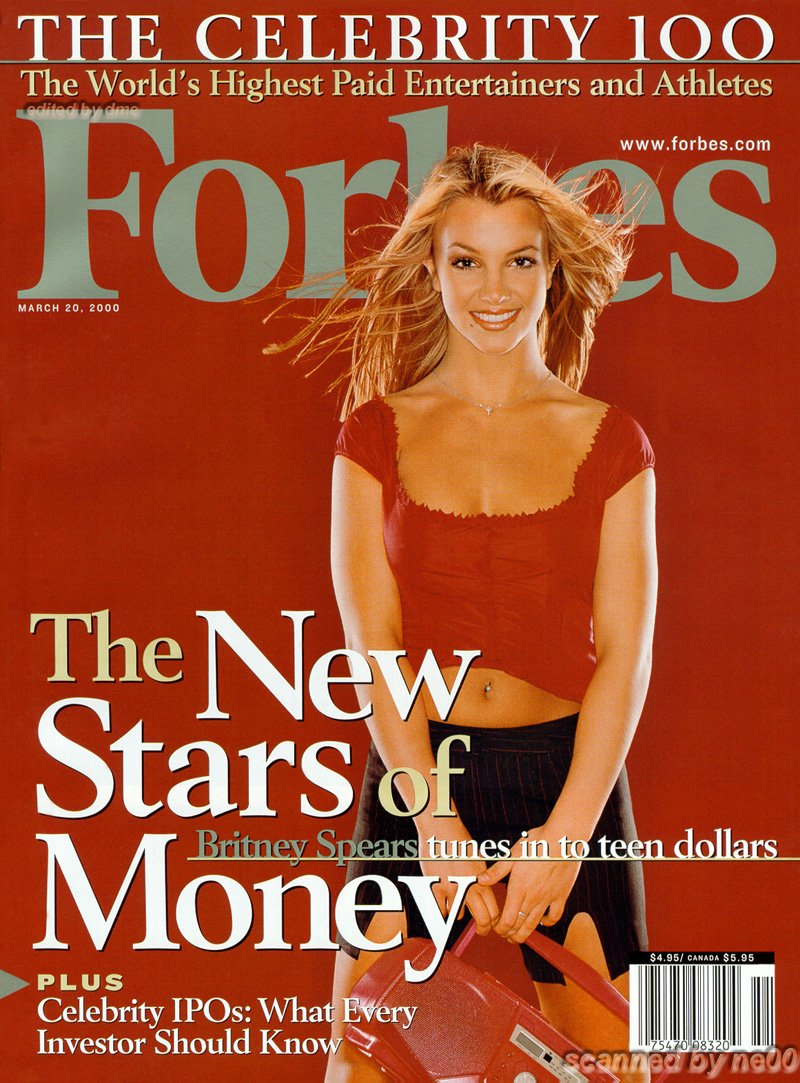 Front cover of Forbes magazine from March 20, 2000, featuring "The Celebrity 100", and a picture of Britney Spears