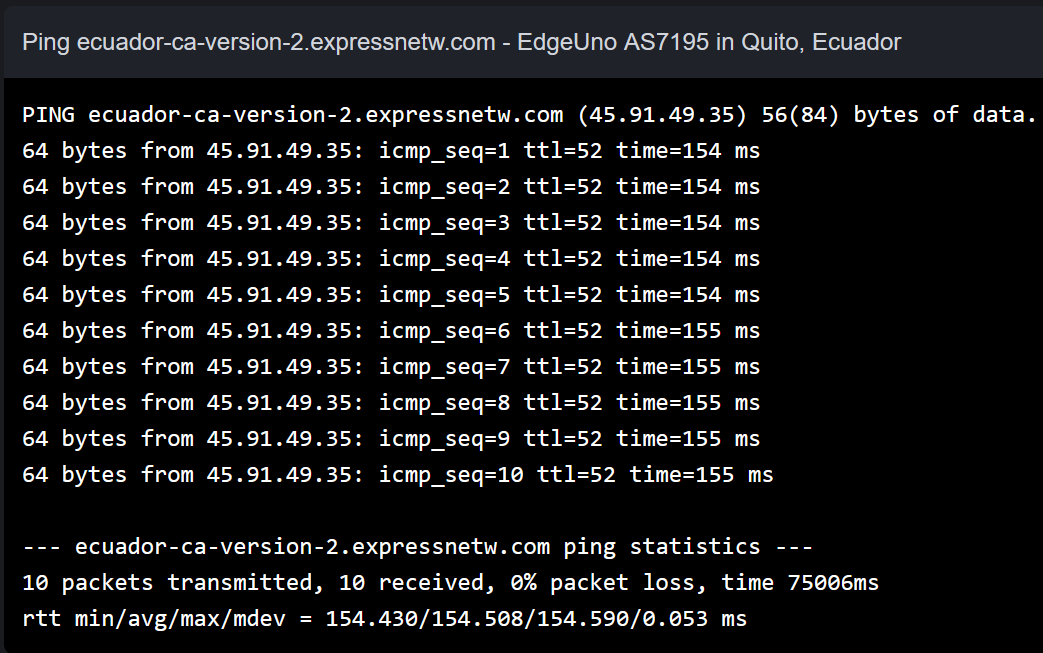 Screenshot showing >150ms ping between ExpressVPNs "Ecuador" server and a device in Ecuador
