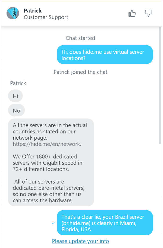 First screenshot of conversation with Hideme support worker, Patrick, where he gives an approved response to the query about virtual server use