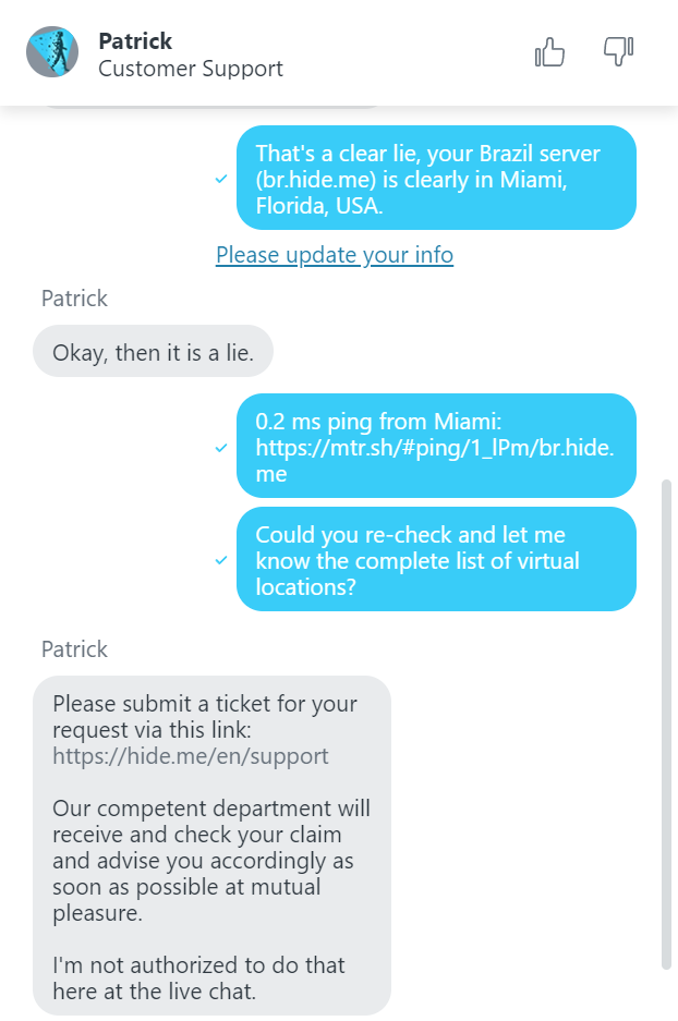 Second screenshot of conversation with Hideme Support worker, Patrick. "Okay, then it is a lie" is the stone-faced response to evidence of virtual servers.