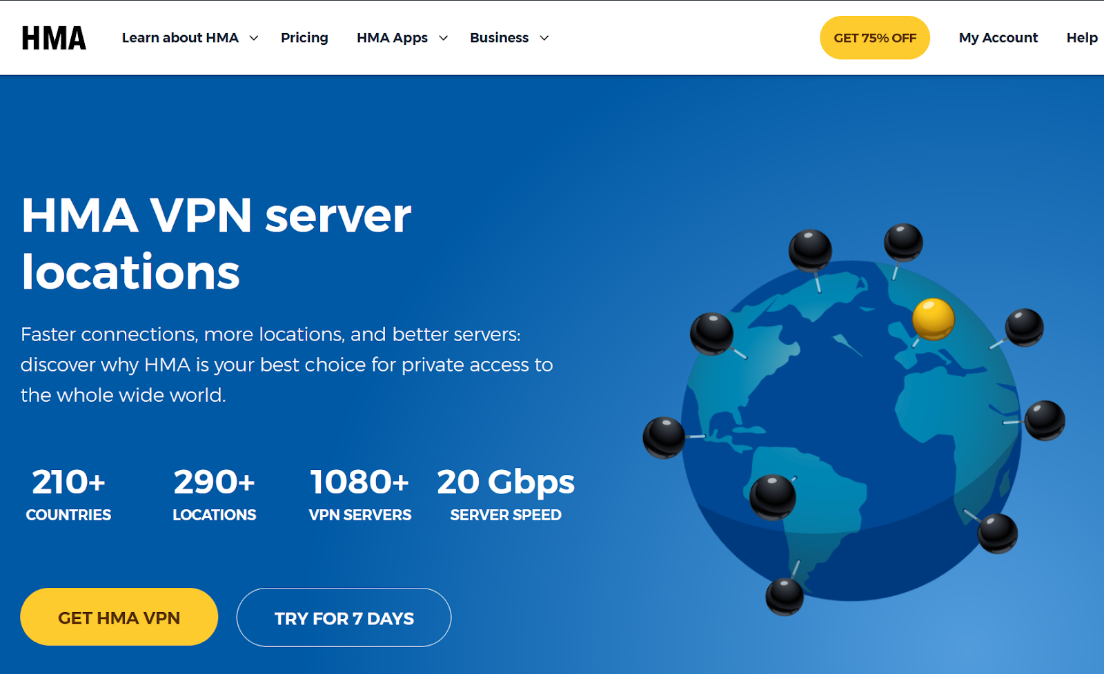 HideMyAss's website claiming to have servers in 210+ countries