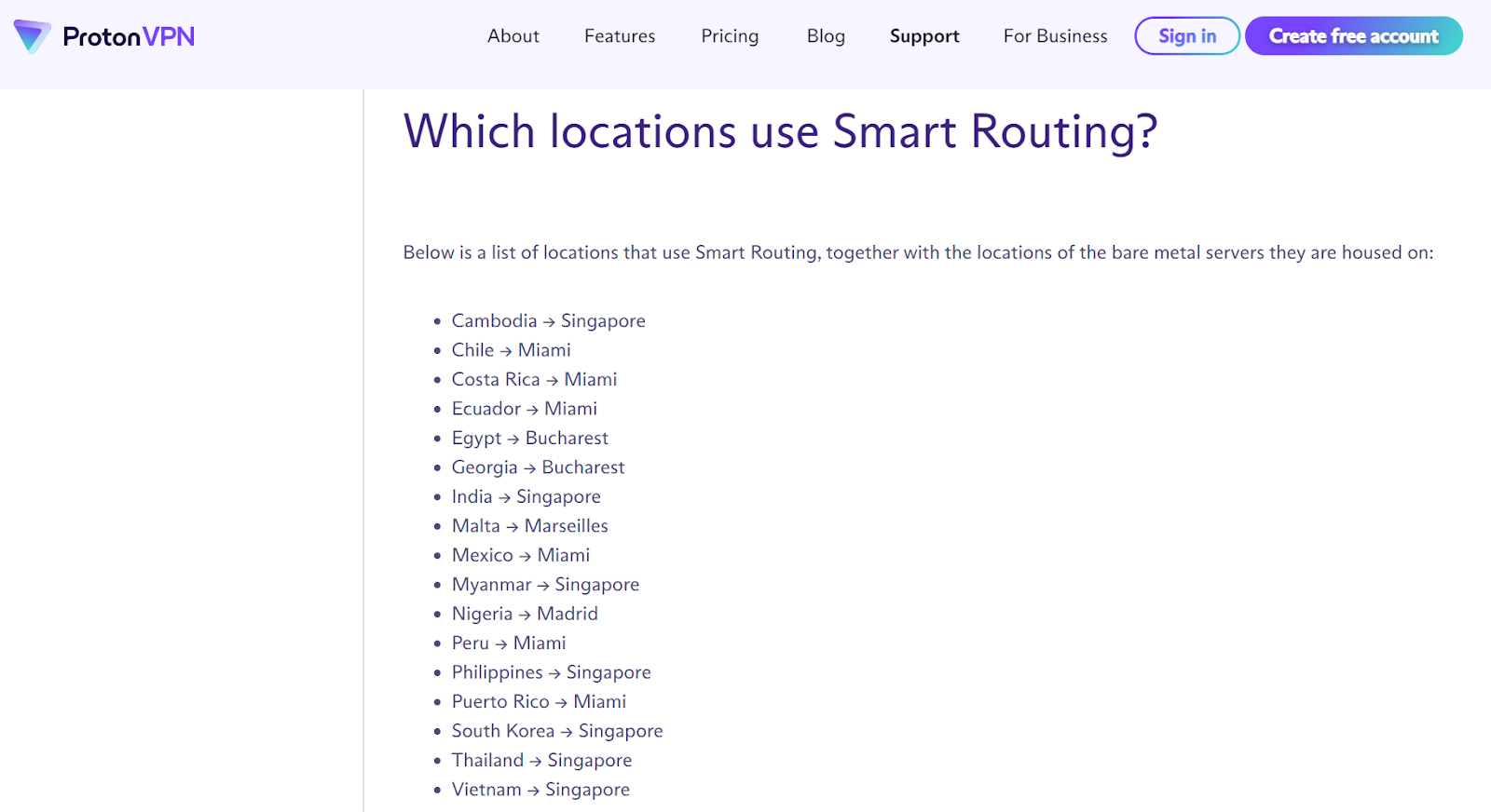 Screenshot of ProtonVPNs locations that use Smart Routing