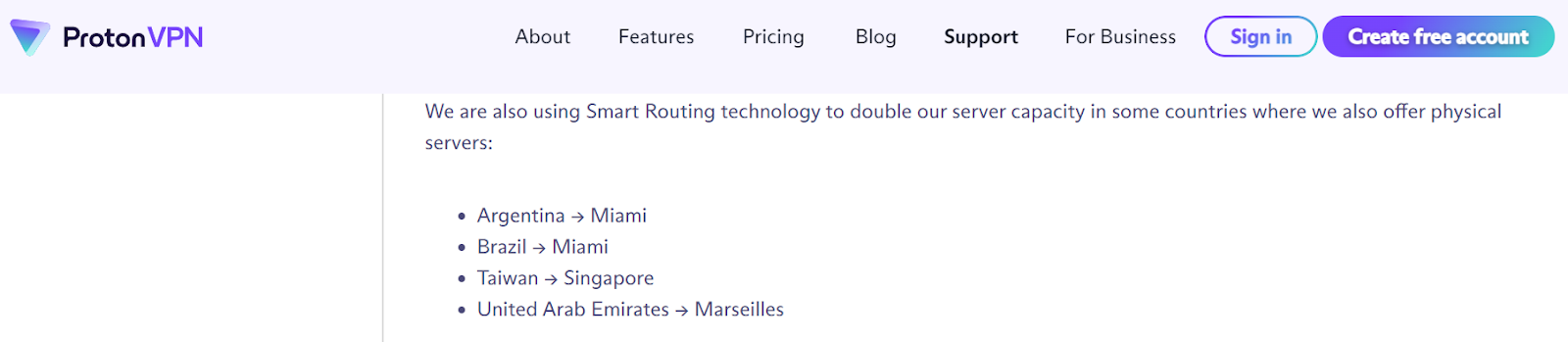 Screenshot of ProtonVPNs site stating how Smart Routing technology doubles server capacity in some countries