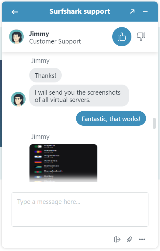 Screenshot of conversation with Surfshark customer support agent, Jimmy, who is very helpful