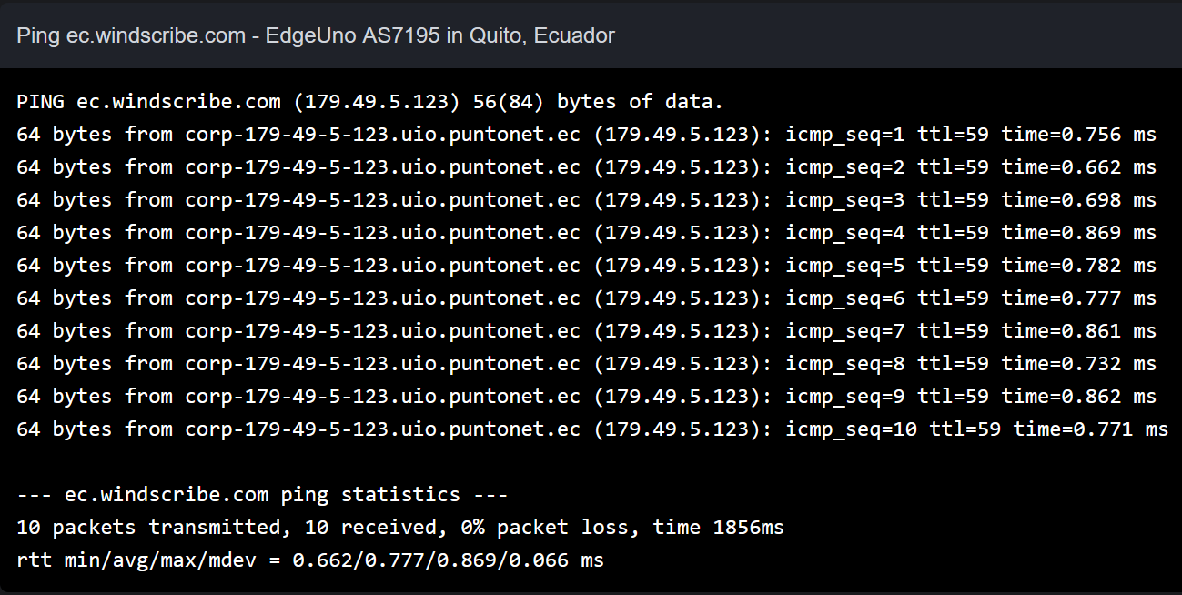 Screenshot showing ping times of <1ms for Windscribe's Ecuador server and a device in Ecuador