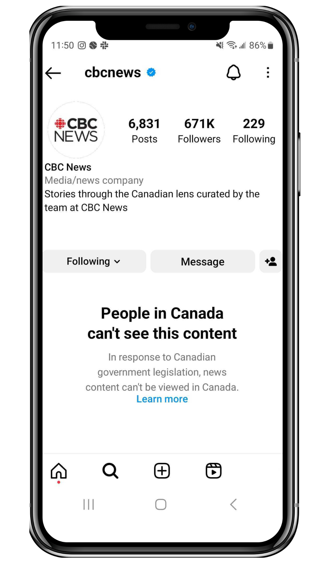 Screenshot of CBC Instagram showing message that "People in Canada can't see this content"