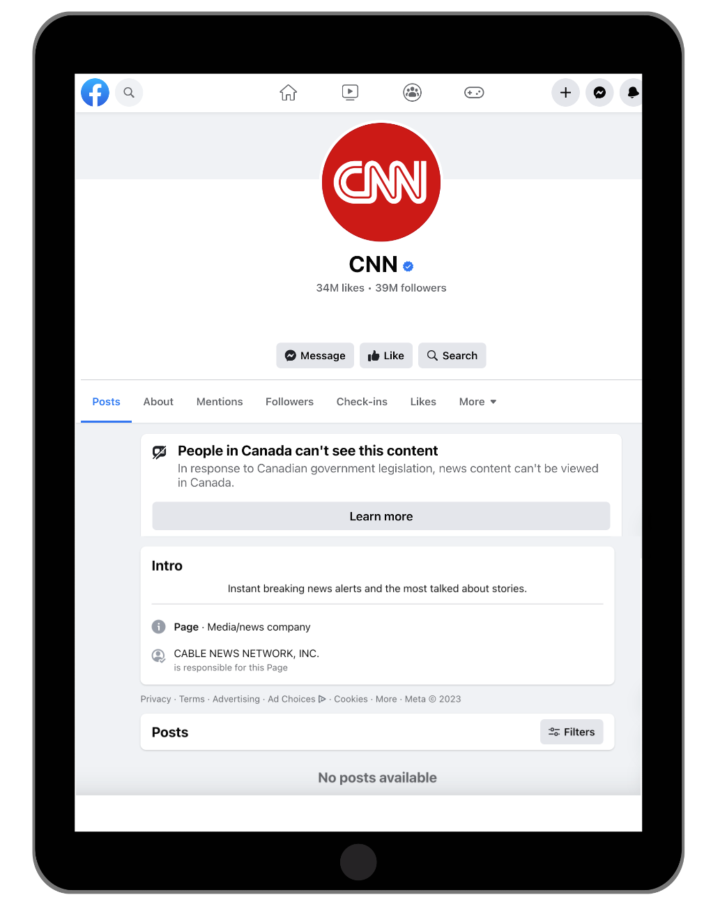 Screenshot of CNN Facebook page with message: People in Canada can't see this content