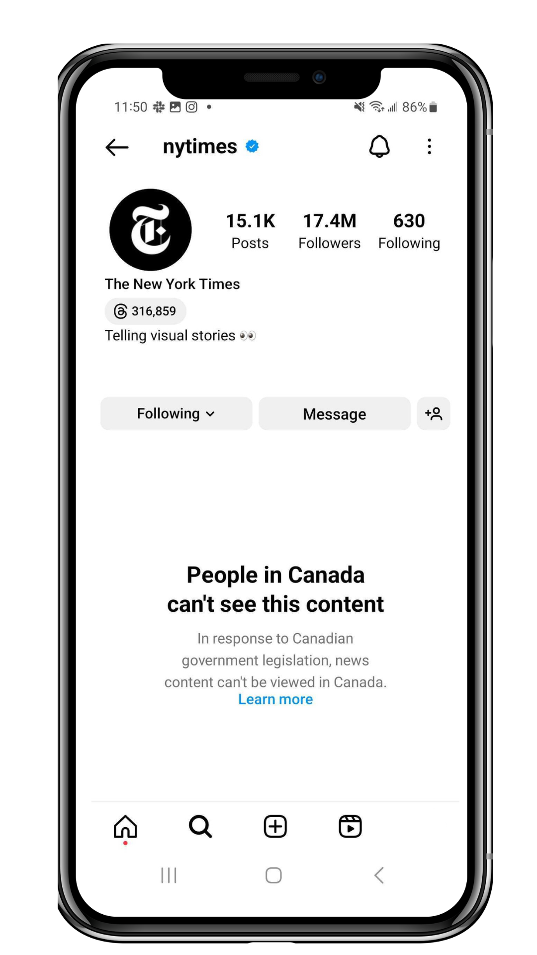 Screenshot of New York Times Instagram showing message that "People in Canada can't see this content"