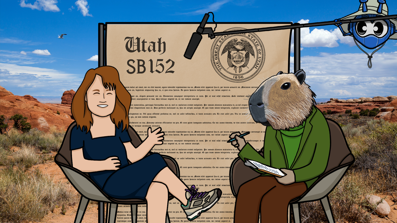 Cartoon image of Senator Kathleen Riebe being interviewed in Utah in front of the UT SB152 Bill by our own Graham the Capybara