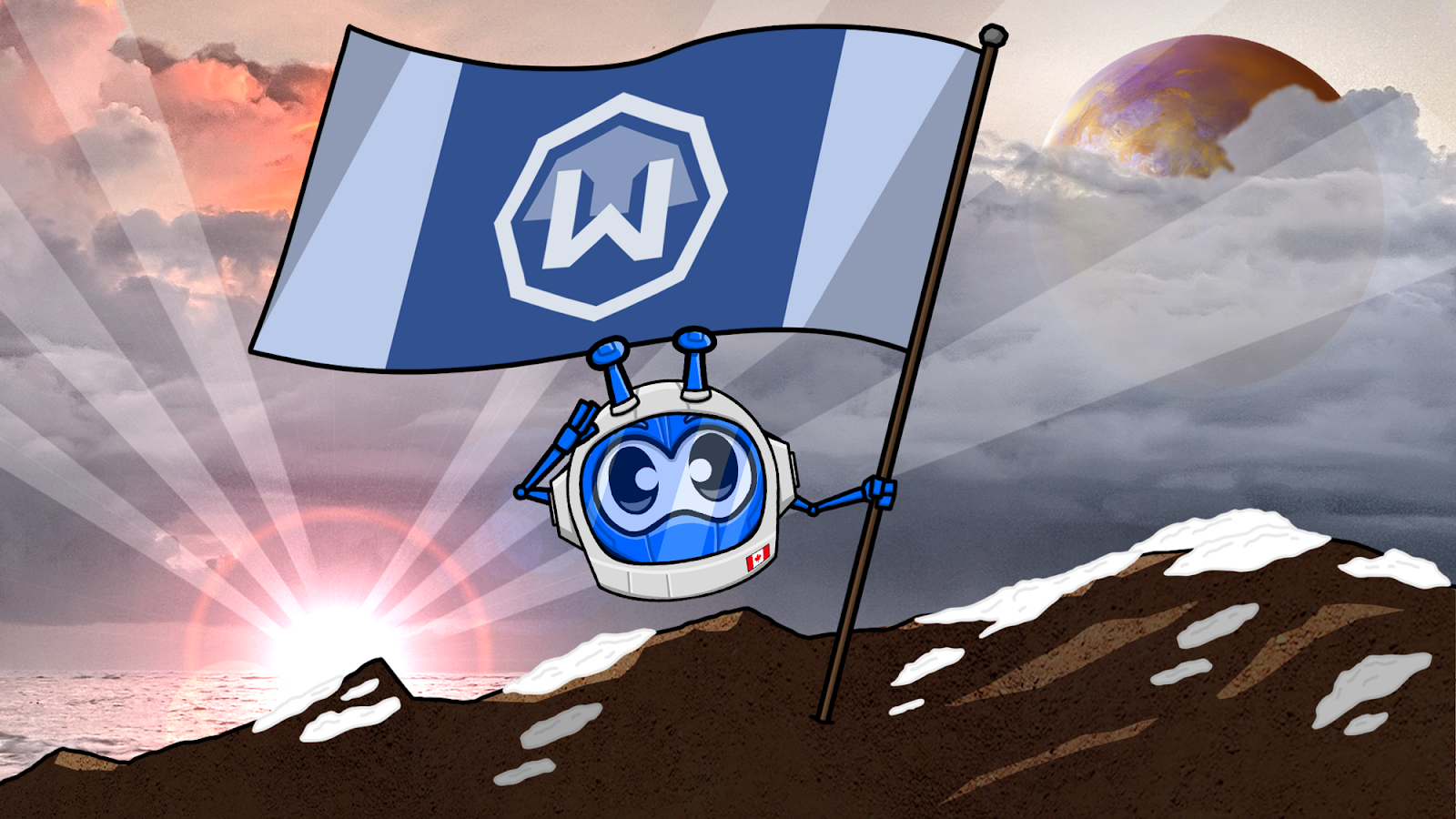 Garry in an EVA suit planting a Windscribe flag on a mountain in a distant planet