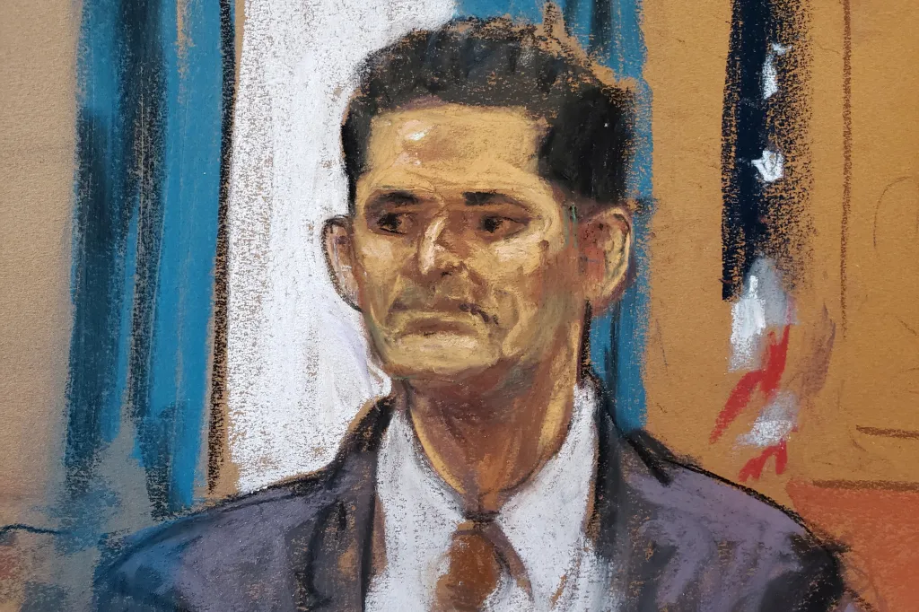 A very unflattering court sketch of Sam Bankman-Fried