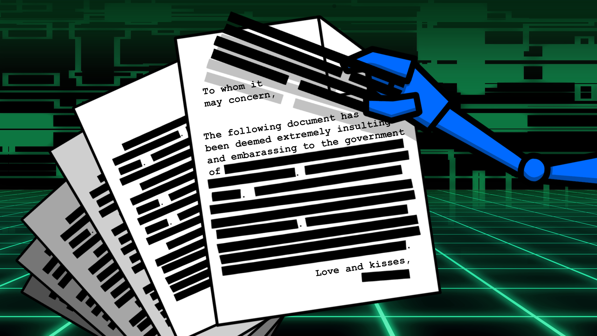 Redacted government forms showing "The following document has been deemed extremely insulting and embarassing to the government of..."