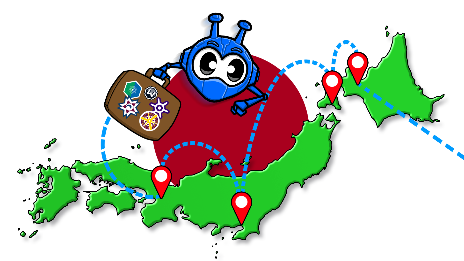 Cartoon image of Windscribe mascot Garry travelling across Japan with a suitcase in hand