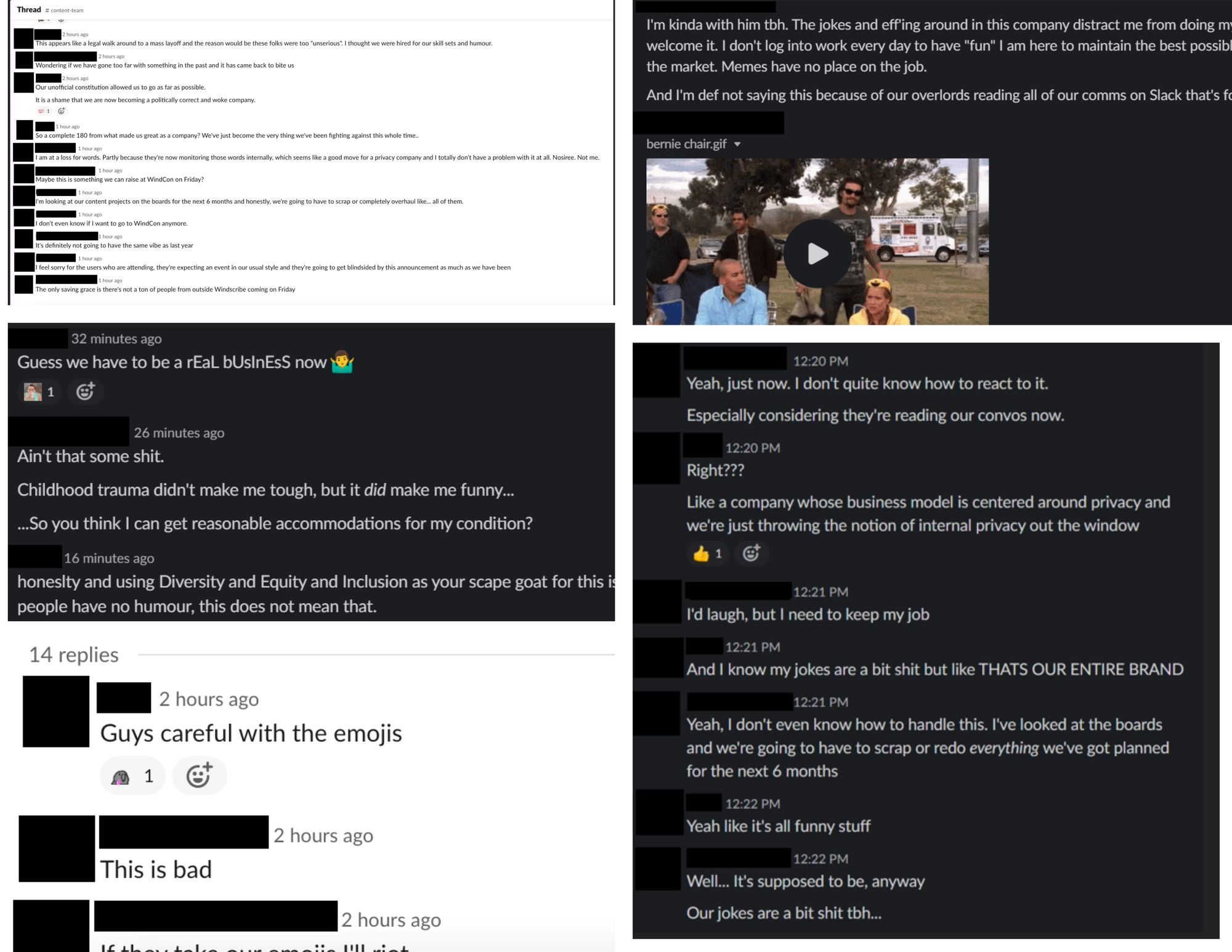 Collage of fake "leaks" from internal Windscribe communications