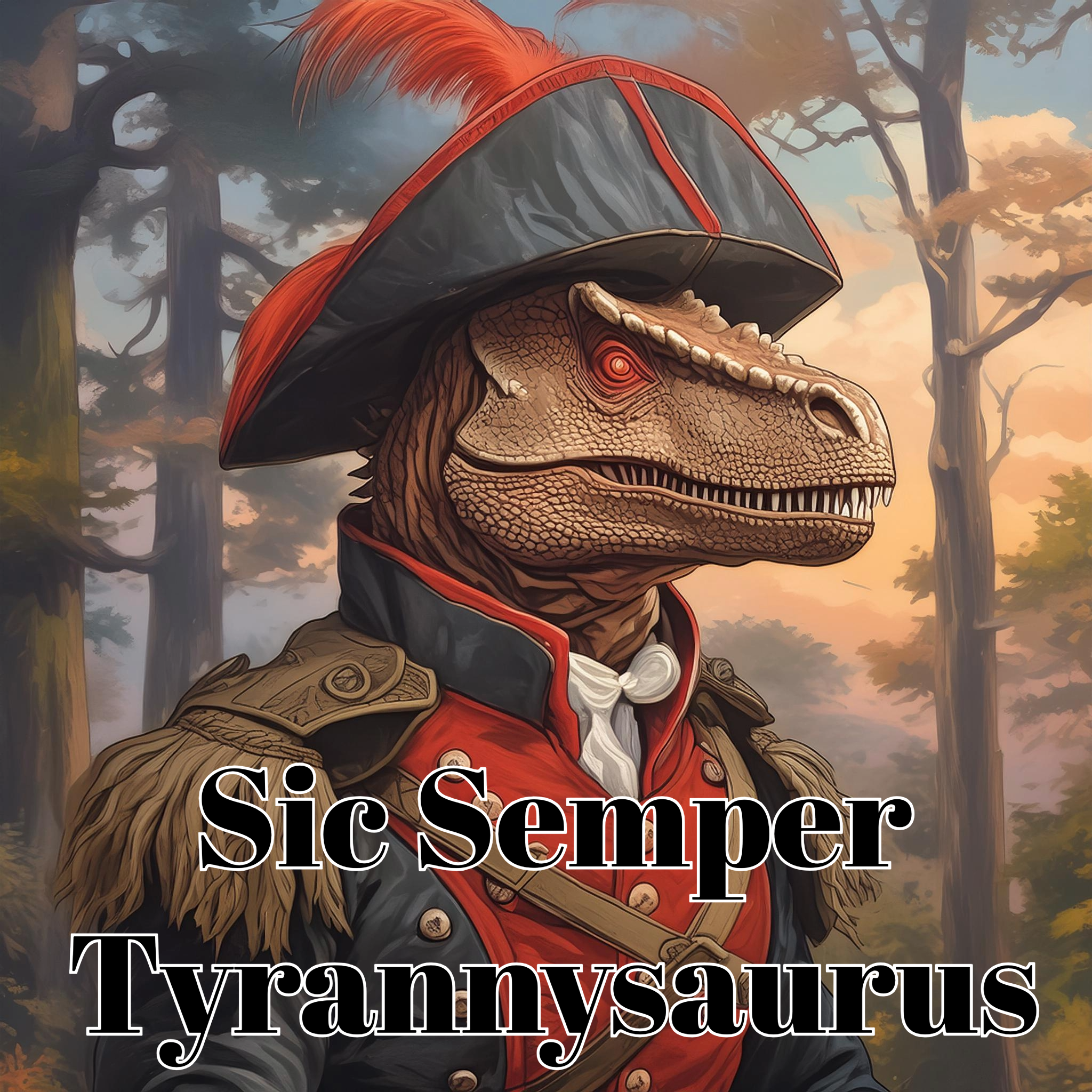 Illustration of T-Rex in uniform with the text Sic Semper Tyrannysaurus